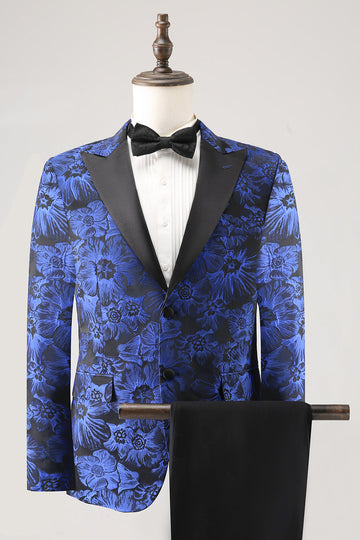 Royal Blue Jacquard Peak Lapel 2 Piece Men's Formal Blazer